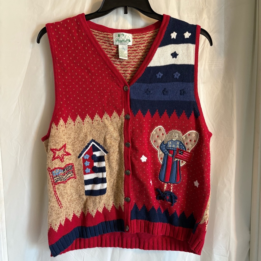 Vintage Quacker Factory Patriotic Flag Vest Womens Size Large Grannycore Grandma